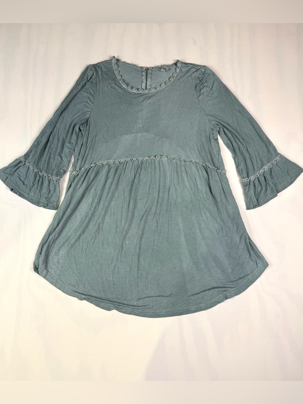 Pol Blue Babydoll Tunic Top Lace Trim Bell Sleeve Boho Peasant Large